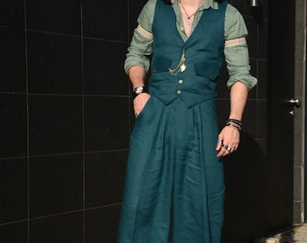 Men's Linen Suit Set – Teal Wide Leg Pants & Vest, Boutique Boho Menswear, High Waist Linen Trousers, Resort Wedding Outfit