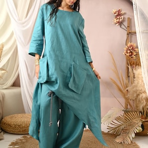 Deep Green Linen Set, Asymmetric Tunic with Square Pockets & Palazzo Pants, 2-Piece Handmade Boho Outfit in Natural Fabric, Plus Size Outfit