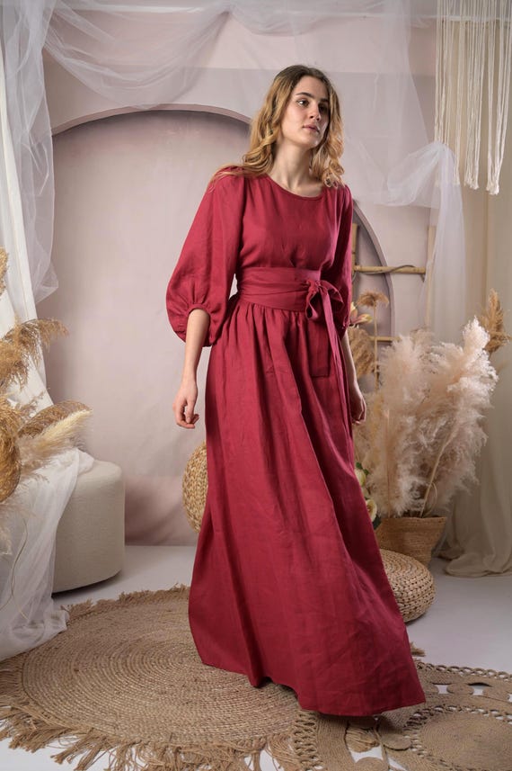 Linen Bridesmaid Dress with Puff Sleeves, Handmade Rustic Caftan Linen Bridesmaid Dress with Puff Sleeves, Handmade Rustic Caftan