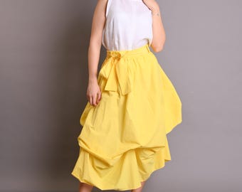 Yellow Cotton Asymmetric Skirt, High Waist Party Skirt
