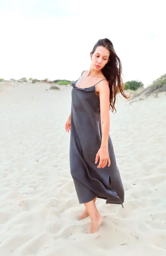 Handmade Dark Gray Linen Maxi Dress, Open Back, Boho Beach Style