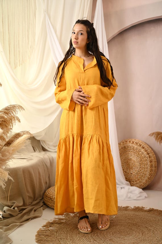 Mustard Linen Dress, Long Caftan with Stand Collar, Boho Plus Size Fashion Clothing