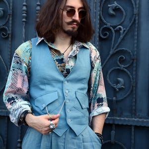 Dusty Blue Linen Vest for Men, Boho Dandy Waistcoat, Artistic Linen Menswear, Wedding Guest Vest, Boutique Gentleman Style