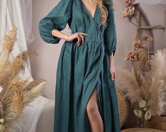 Emerald Linen Wrap Maxi Dress, Puff Sleeve Boho Wedding Guest Bridesmaid