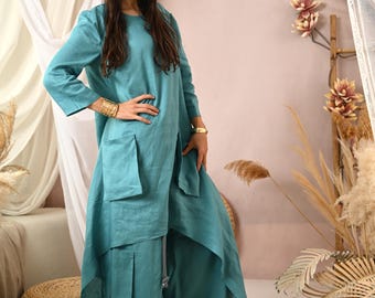 Teal Blue-Green Linen Tunic and Palazzo Pants Set, Asymmetric Boho Outfit
