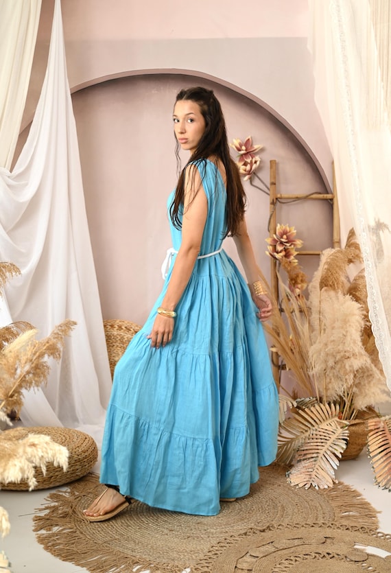 Blue Linen Maxi Dress, Sleeveless Ruffled Linen Summer Dress, Boho