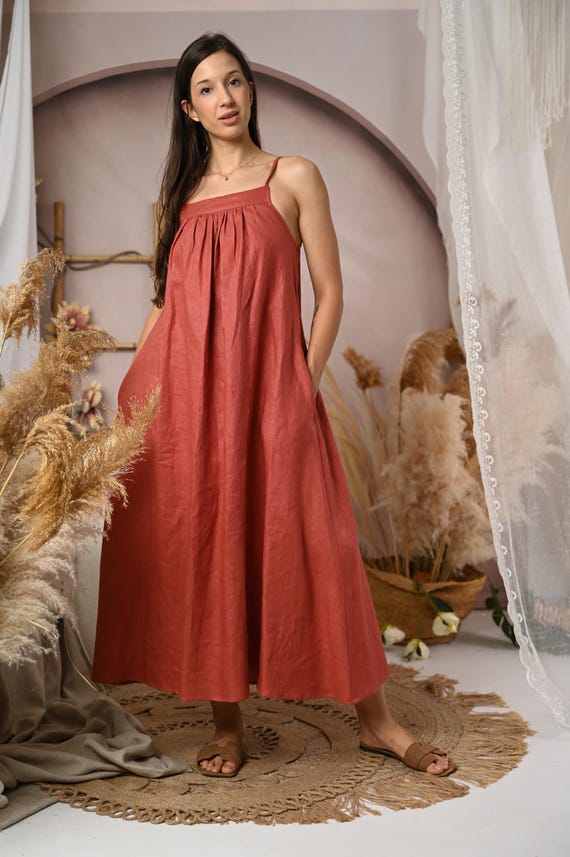 Moroccan Red Long Linen Dress Women, Loose Fit Linen Maxi Dress