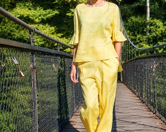 Yellow Linen Set, Wide Leg Pants and Blouse, Minimalist Co Ord, Summer Outfit, Matching Two Piece, Resort Wear