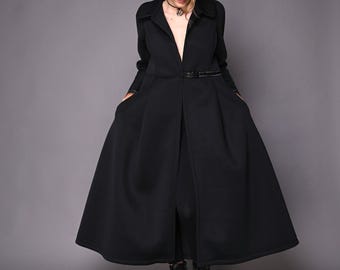 Black Neoprene Coat, Minimalist Designer Outerwear with Side Pockets