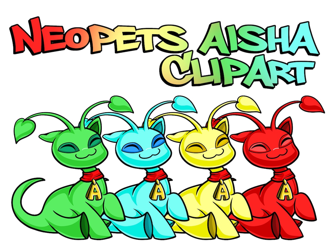 Neopets Aisha Clipart, Four Colors of Basic Aishas in a Cute Sitting