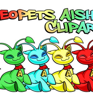 Neopets Aisha clipart, four colors of basic Aishas in a cute sitting pose, Neopets Fan Art Program instant download digital art