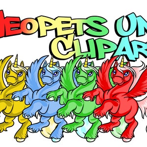 Puede incluir: Cuatro unicornios de dibujos animados coloridos con alas, cada uno con una crin y una cola de color diferente. Los unicornios están de pie sobre un fondo blanco con el texto "Neopets Uni Clipart" encima de ellos.