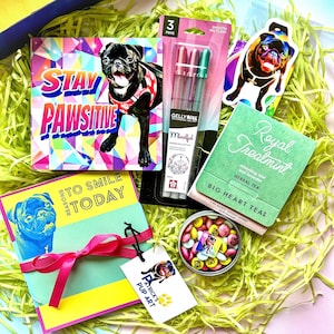 Op de afbeelding: Een cadeaudoos gevuld met artikelen voor een hondenliefhebber. De doos bevat een kaart met de tekst "Stay Pawsitive", een kaart met de tekst "Reasons to Smile Today", een pak met drie gelpennen, een sticker van een mops, een blikje snoep en een doos kruidenthee.