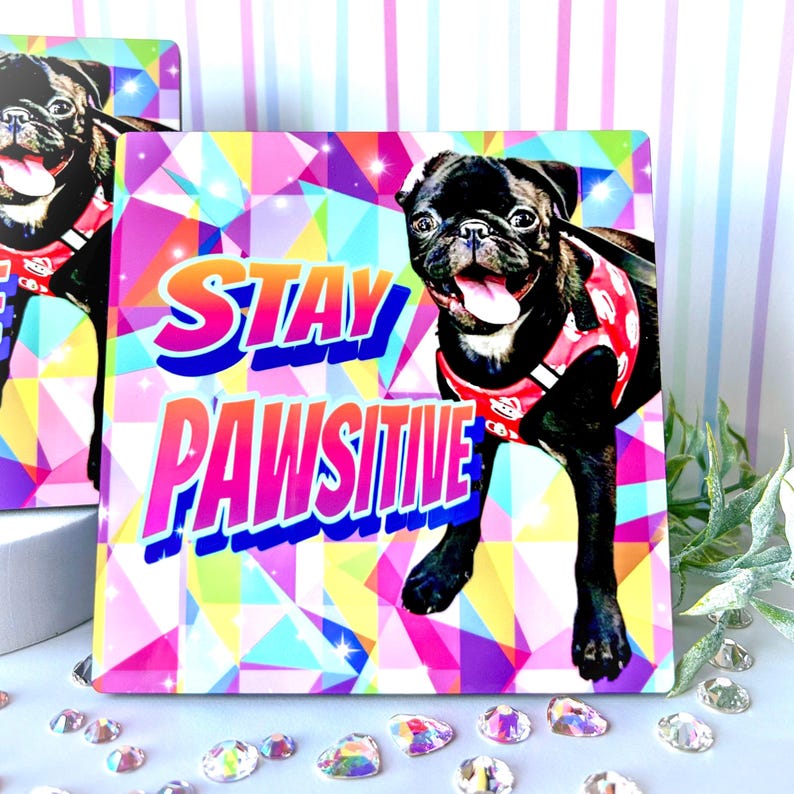 Może przedstawiać: Kwadratowa ceramiczna podkładka z kolorowym geometrycznym wzorem i czarnym mopse, kt&oacute;ry nosi czerwoną szelkę. Tekst "STAY PAWSITIVE" jest napisany w kolorach tęczy.