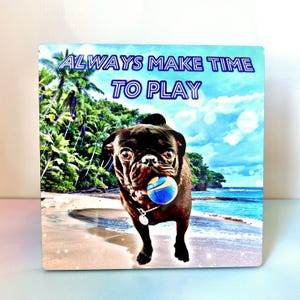 May include: A black pug dog with a blue ball in its mouth stands on a beach with palm trees and blue water in the background. The text "ALWAYS MAKE TIME TO PLAY" is written in blue and white letters at the top of the image.