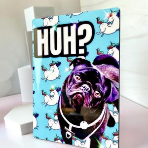 K&ouml;nnte beinhalten: Ein schwarzer Mops mit einem wei&szlig;en Halsband schaut in die Kamera. Der Hund befindet sich auf einem blauen Hintergrund mit einem Muster aus wei&szlig;en Einh&ouml;rnern. Der Text "HUH?" ist in wei&szlig;en Buchstaben auf schwarzem Hintergrund.