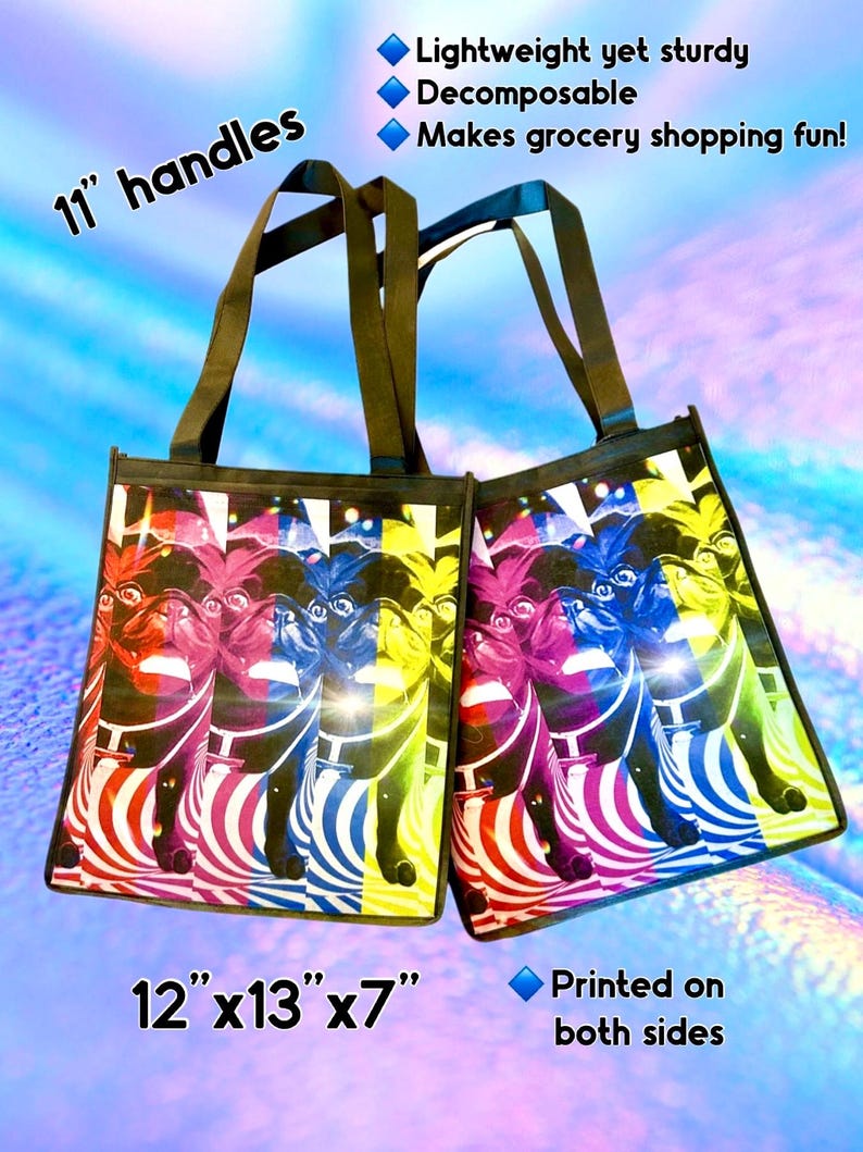May include: Two reusable shopping bags with 11-inch handles. The bags are made of a lightweight, sturdy, and decomposable material. The bags feature a colorful, psychedelic design with a repeated image of a pug dog. The bags are 12 inches by 13 inches by 7 inches and are printed on both sides. "Makes grocery shopping fun!" is printed on the top of the image.
