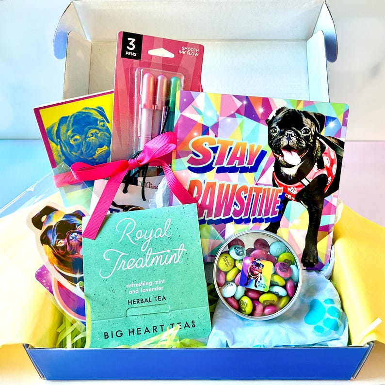 Op de afbeelding: Een blauwe doos gevuld met verschillende geschenken, waaronder een kaart met een mops erop, een kaart met de tekst "Stay Pawsitive", een zakje thee, een blikje snoep en drie pennen. De doos is gevuld met groen grasachtig materiaal.