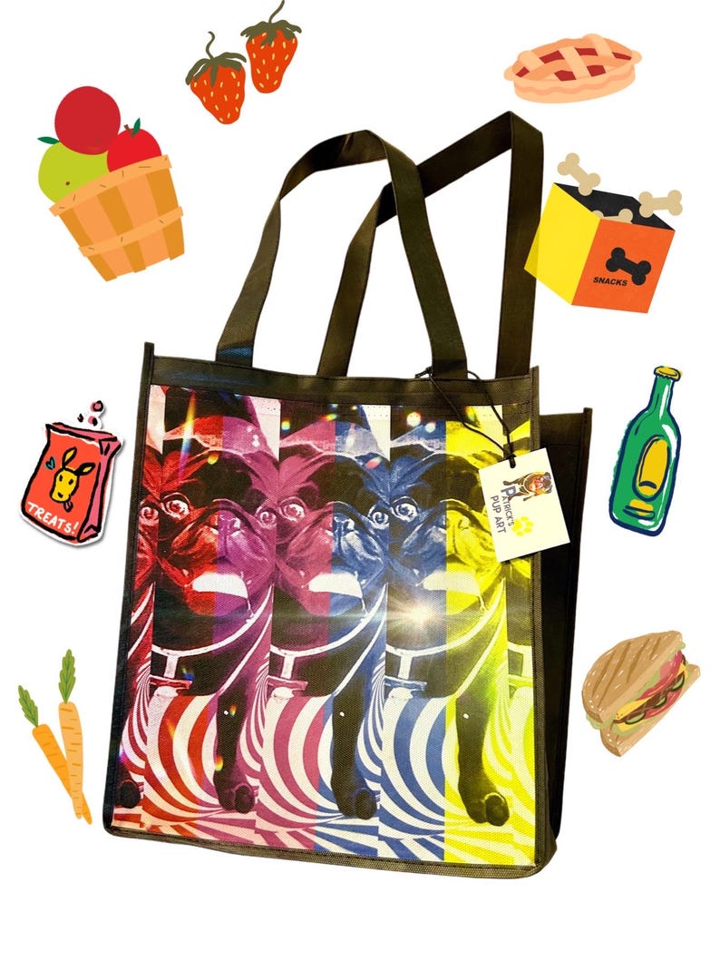 May include: A black reusable tote bag with a colorful pop art design of a pug dog. The bag has two black handles and a white tag that says "PUG ART." The bag is surrounded by various cartoon images of food, snacks, and other items.
