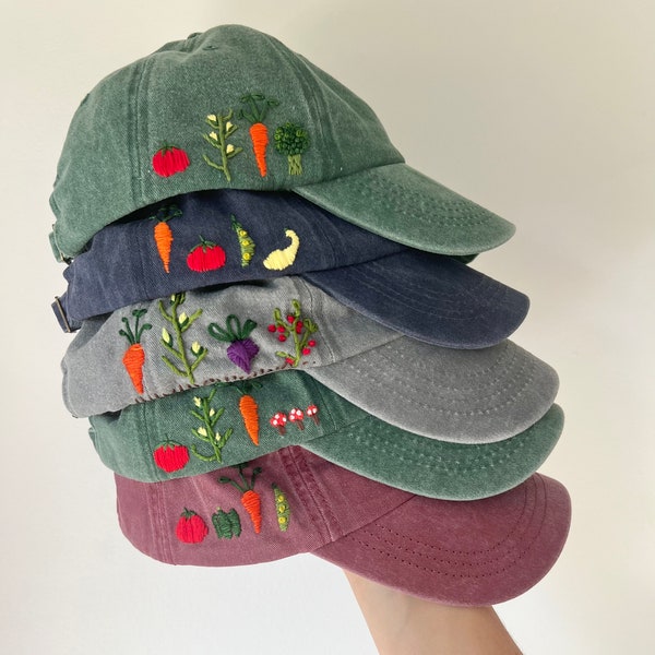 Hand Embroidered Garden Vegetable Hat Adult | Vegetable Plant Design Hat | Garden Design Cap | Vegetable and Plant Hat | Mother’s Day Gift