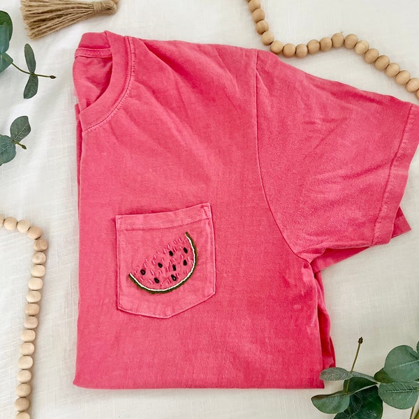 Watermelon Comfort Colors Pocket Tee, Hand Embroidered Fruit T-shirt, Summer Shirt