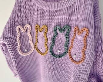 Bunny, Easter, Spring Sweater, Spring Chunky Sweater, Chunky Knit, Hand Embroidered Easter Sweater Baby Gift, Easter Gift