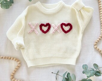 Valentine’s Day Sweater, XOXO, Heart, Hugs & Kisses, Love, Chunky Sweater, Chunky Knit, Hand Embroidered, Baby Gift, Mommy and Me Matching