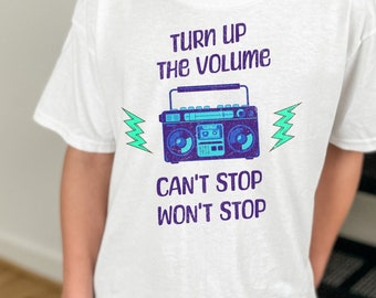 Kids, Retro Vibes Graphic Tee with Boom Box - "Turn Up the Volume " Positive quote, Trendy Tee