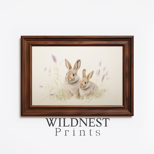 Rabbits and Lilacs Scene Painting, Printable Wall Art, WildNest Prints