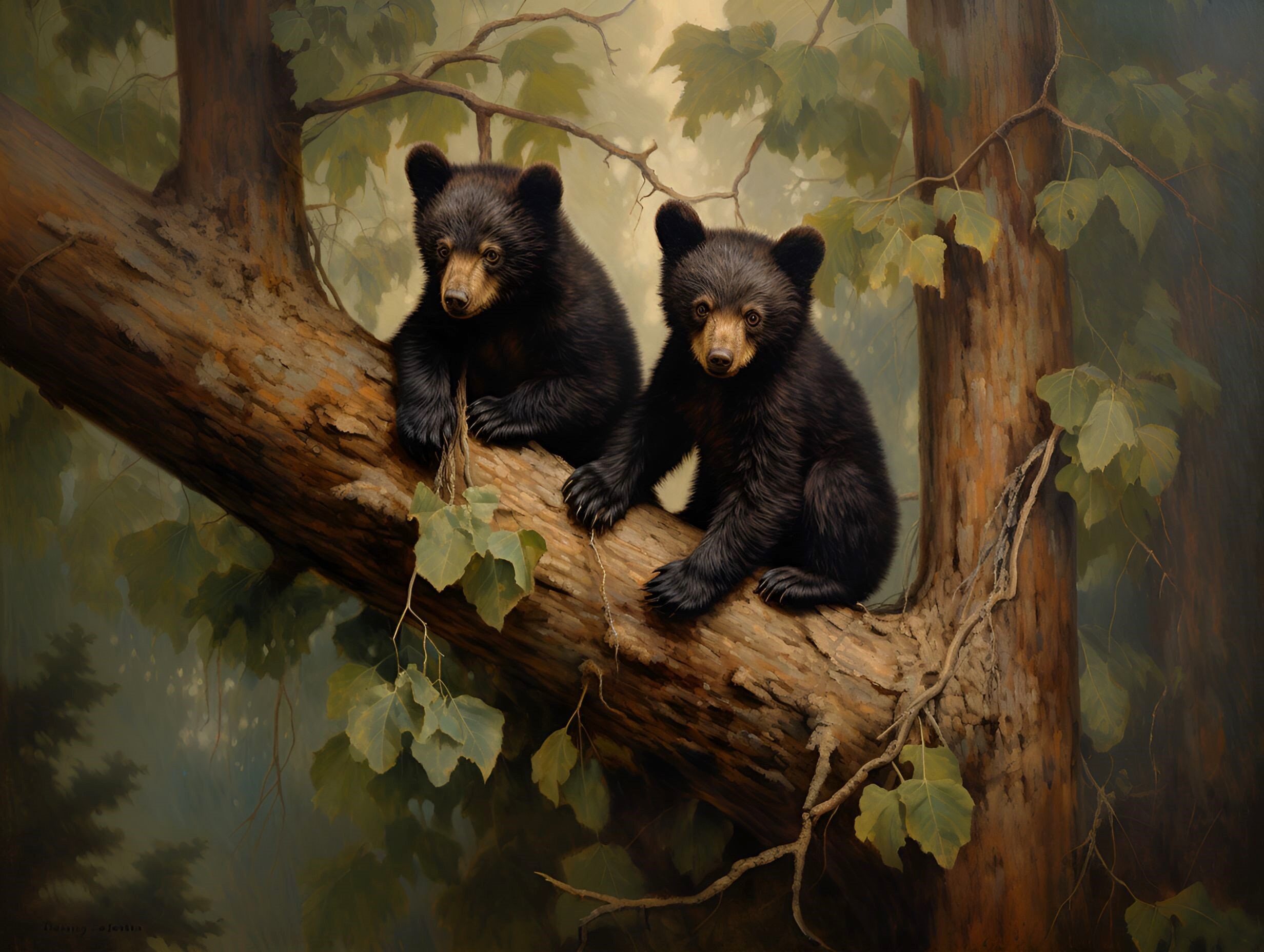 Printable Black Bear Cubs Oil Painting Realistic Art Print Wall Art Digital Download Wildnest ...
