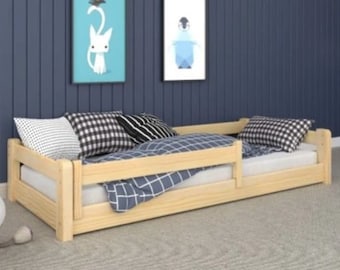 Lit de plancher pour tout-petits, Bodenbett, Kinderbett mit Lattenrost und Rausfallschutz, Lit de sol Montessori, Lit avec rails, Lit enfant, Letto per bambini