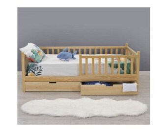 Cama para niños con cajones, Kinderbett mit Schubladen Cama para niños con listones, Montessori bett, Cama con rieles, Lit enfant, Letto per bambini