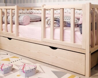 Kinderbed met lade, Kinderbett mit Schublade Peuterbed met lattenbodem,Montessori bett, Bed met rails, Lit enfant, Letto per bambini