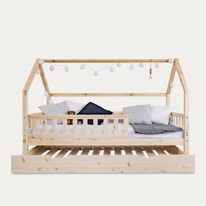 Camas de casa para 2 niños, tamaño individual, en forma de L, cama de  plataforma doble Montessori de esquina de madera, marco de cama Montessori  con