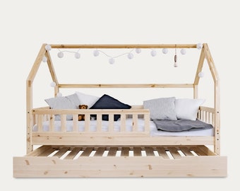 Kinderbett mit zwei bett, Cama doble para niños pequeños, Cama de casa con cama plegable, Hausbett, Cama Montessori tamaño doble, Cama, Cama doble iluminada para enfant