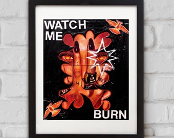 BURN | Aesthetic Mixed Media Dark Fire Phoenix Collage Art Print