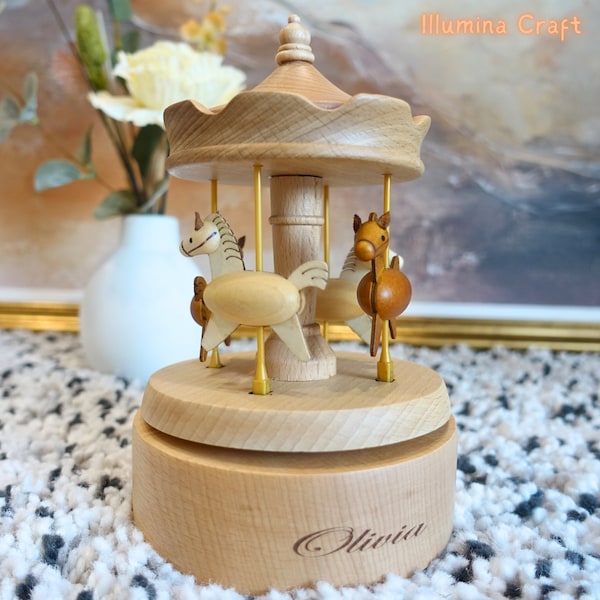 Personalized Musical Carousel - Custom Wooden Music Box - Engraved Keepsake for Baby Shower, New Mom, Gift For Kids