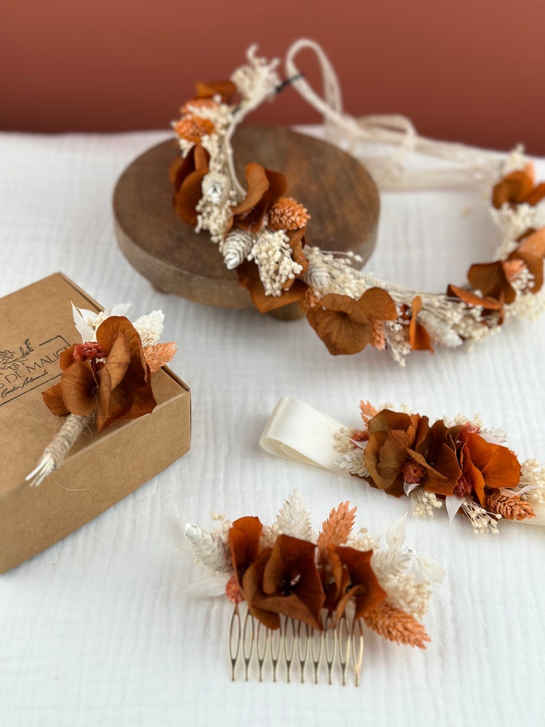 Couronne Léonie, de fleurs séchées dans les teintes Terracotta, accessoires pour coiffure de mariée, mariage bohème. image 7