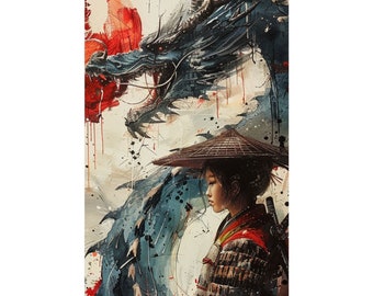 Samurai Warrior and Dragon Art Print: Japanese Anime Poster