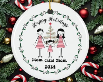 Two Moms and Daughter Ceramic Ornament, Personalized Christmas Ornament - Holiday Gift, LGBTQ Family Decoration, Rainbow Ornament, Same-Sex