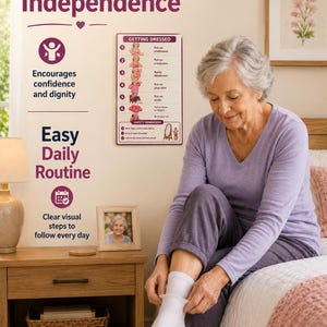 May include: An elderly person is putting on a white sock while sitting on a bed. A poster titled "Getting Dressed" is visible, along with text that reads "Supports Independence" and "Easy Daily Routine". A framed photo sits on a nightstand.