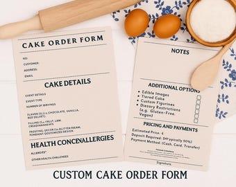 May include: Two beige custom cake order forms with black text, a wooden rolling pin, two eggs, a bowl of flour, and a wooden spoon. The forms include sections for cake details, additional options, and pricing.