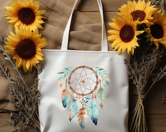 Watercolor Dreamcatcher Canvas Tote Bag: Boho Chic Cotton Shopper