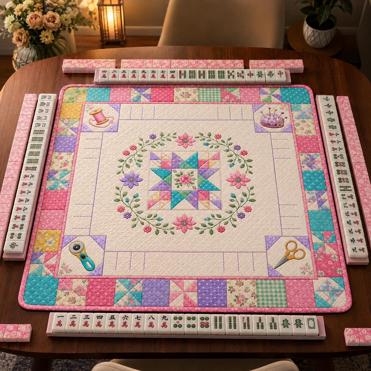 Quilter Mahjong Mat, Floral Quilt Block Design, Sewing Notions Gift, American Mahjong Table Mat, Quilting Lover Game Night, Pastel Non Slip