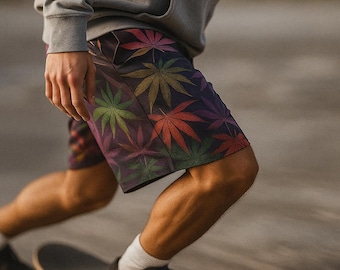 Colorful Pot Leaf Skater Shorts, Vintage Beachwear