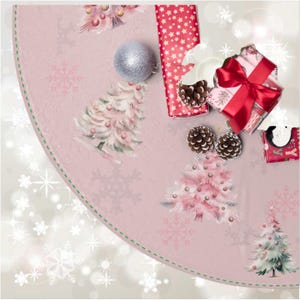 Pink Fleece Christmas Tree Skirt: Watercolor Snowflake Design