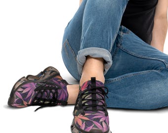 Pot Leaf Mesh Sneakers for Men, Colorful Psychedelic Retro Running Shoes, Lightweight Breathable Athletic Footwear