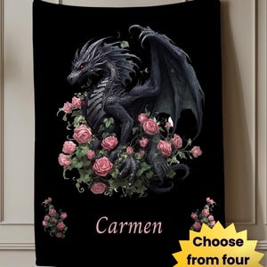 Custom Dragon with roses Plush Blanket goth decor, whimsigoth throw, gothic home decor, gothic bedroom decor, goth living