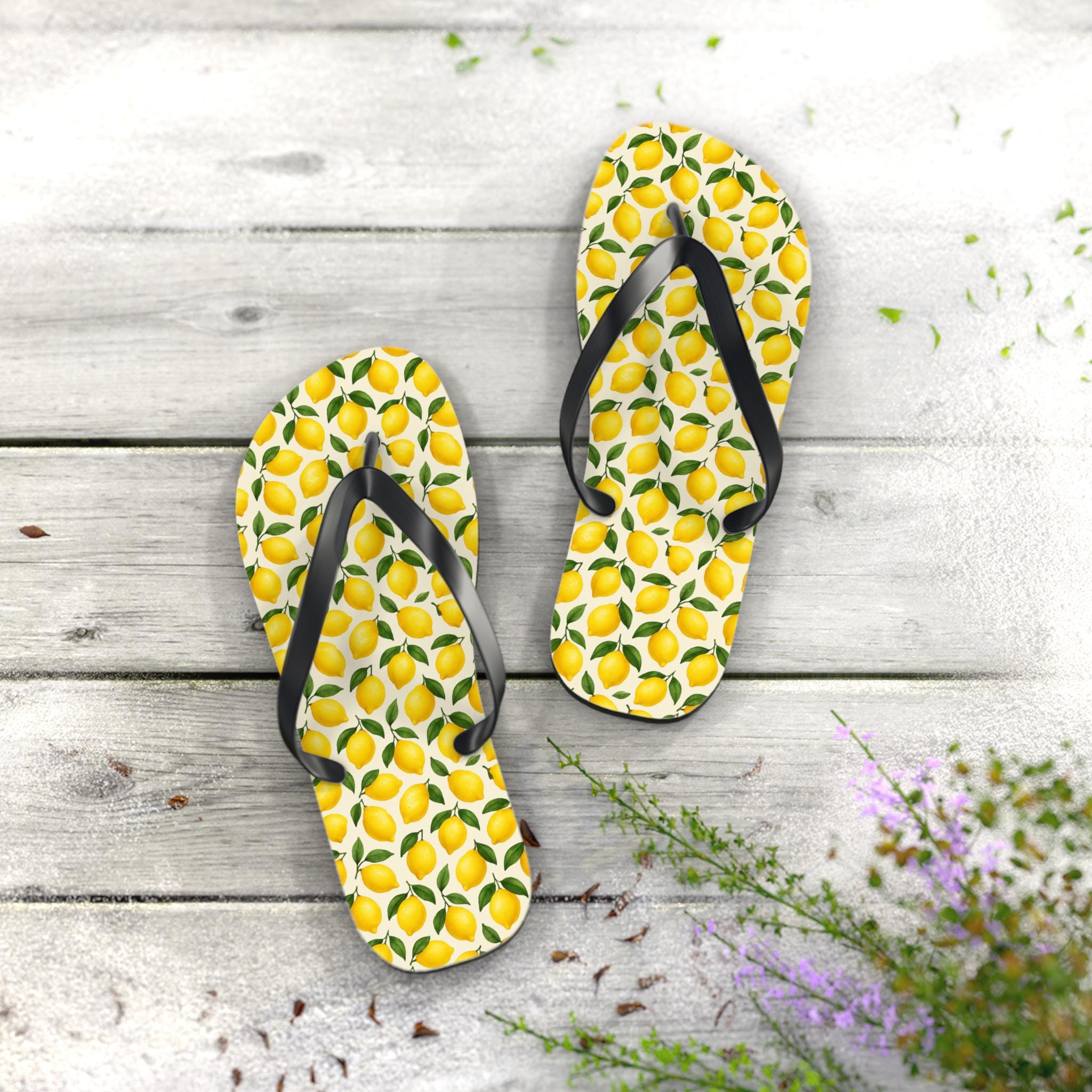 Summer Lemon Flip Flops, Beach Sandals for Women - Tropical Resort Wear, Vacation Flip Flop Shoes, Citrus Theme Slippers, Yellow Lemonade