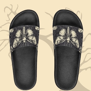 Death Moth Women's Slide Sandals, Goth Summer Footwear, Unique Insect Print Slippers, Alternative Fashion Shoes, Gift for Her image 1